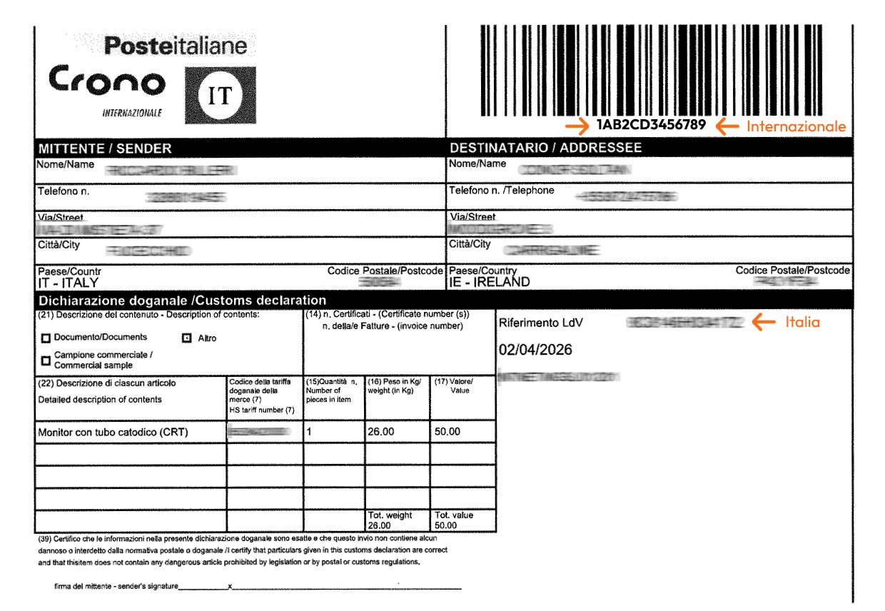 Codice tracking di Poste Italiane Crono Internazionale